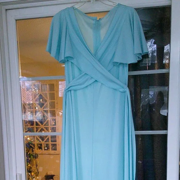 70s flutter sleeve baby blue maxi dress - Picture 2 of 7